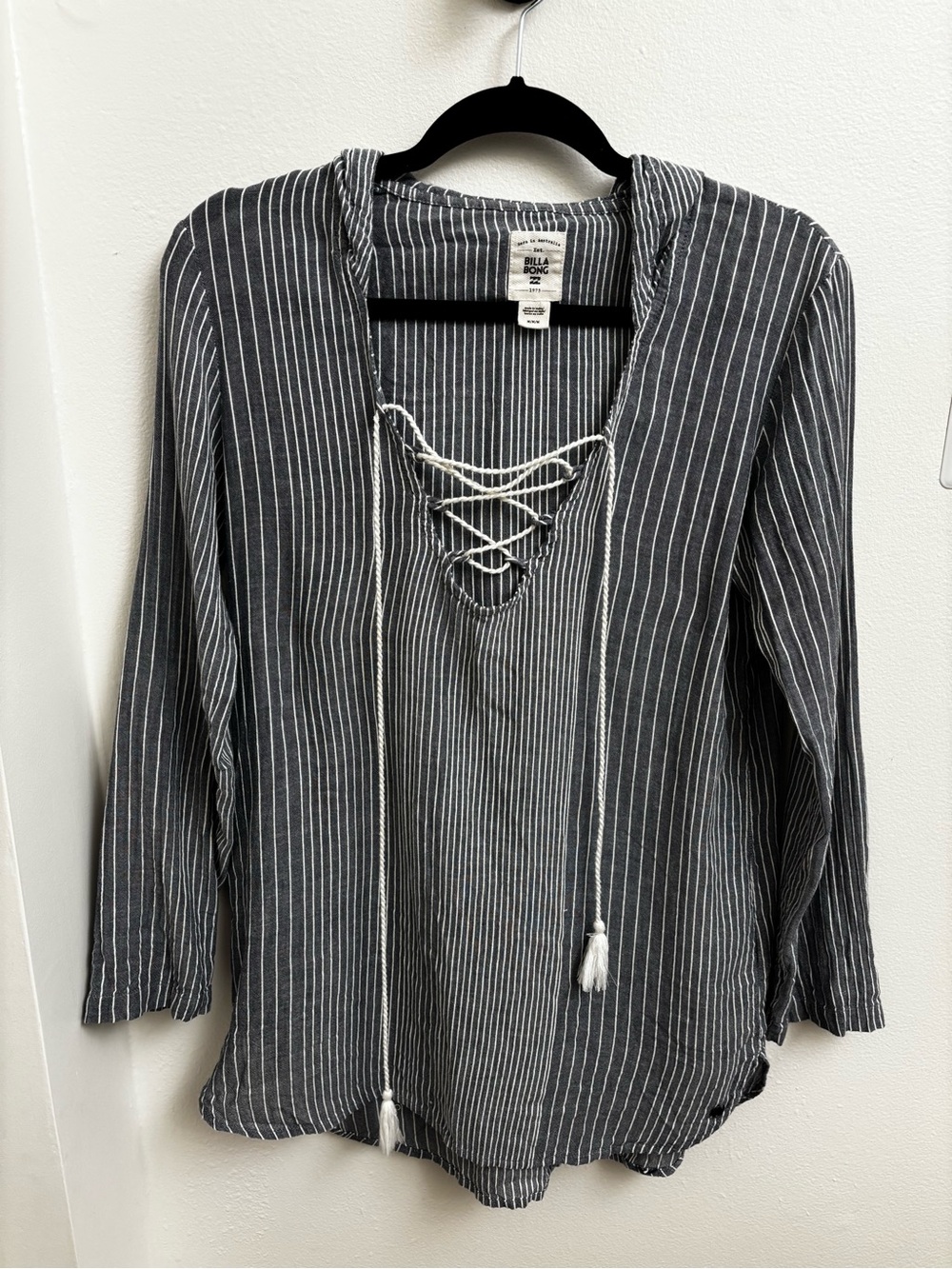 Billabong Women's Beach Coverup Blouse Hoodie Pinstripe Lace-Up Blue and White M